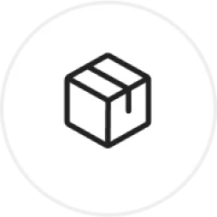 A simple black and white icon of a cardboard box with tape, centered on a white circular background.