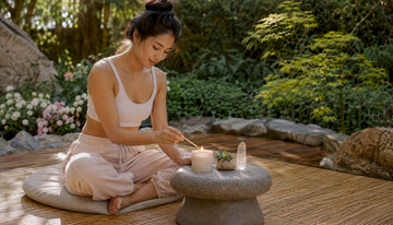 Woman lighting yoga candle on altar at home