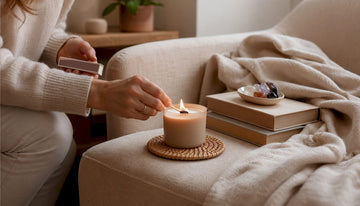 Hands lighting wooden wick candle in serene room