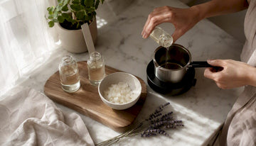 Hands holding bottles of fragrance and essential oils near wax flakes