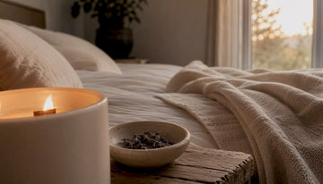 Wooden wick candle burning in cozy minimalist room