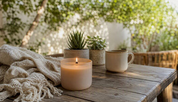 Wooden wick candle burning in cozy home