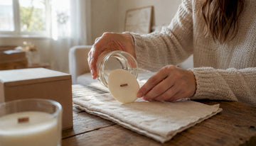 Hands removing cooled wax disc from candle jar