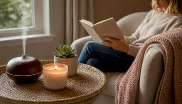 Living room with glowing candle and diffuser