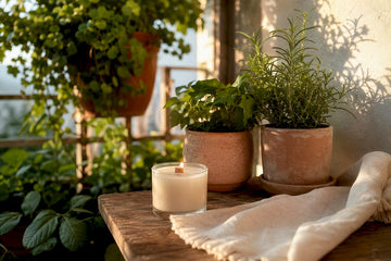 Clean candle flame near healthy green houseplants