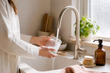 Hands cleaning candle jar at kitchen sink