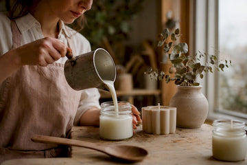 Hands pouring natural wax into candle jar