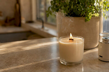 Natural soy wax candle with wooden wick burning