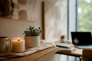 Burning candle with fragrance mist in home