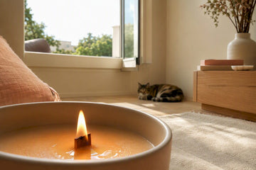 Candle flame near open window and cat