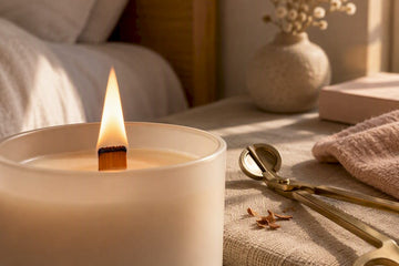 Steady candle flame beside trimmed wooden wick