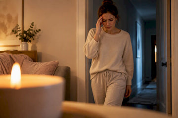Person leaving room beside candle flame