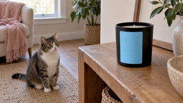 Linen Vanilla candle with cat nearby
