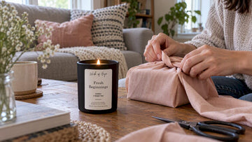 Candle being wrapped as a birthday gift