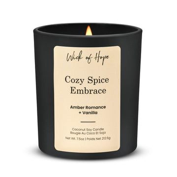 Cozy Spice Embrace Candle — coconut soy wax, FSC wooden wick, free from parabens and phthalates.