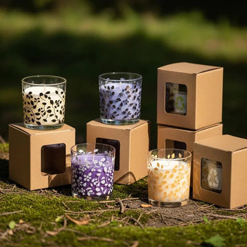 Eco-friendly candle packaging with glass jars and recyclable cardboard boxes