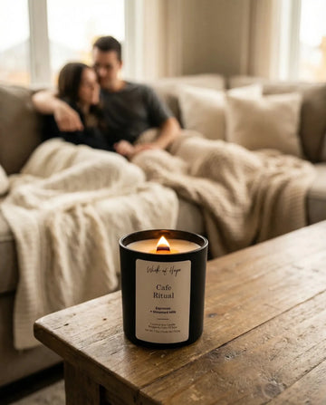 A softly lit non-toxic candle in a family living room with a baby and a dog nearby