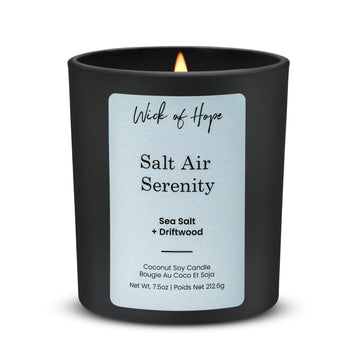 Salt Air Serenity Candle — sea salt + driftwood, formulated without eucalyptus, peppermint, cinnamon, or citrus oils.