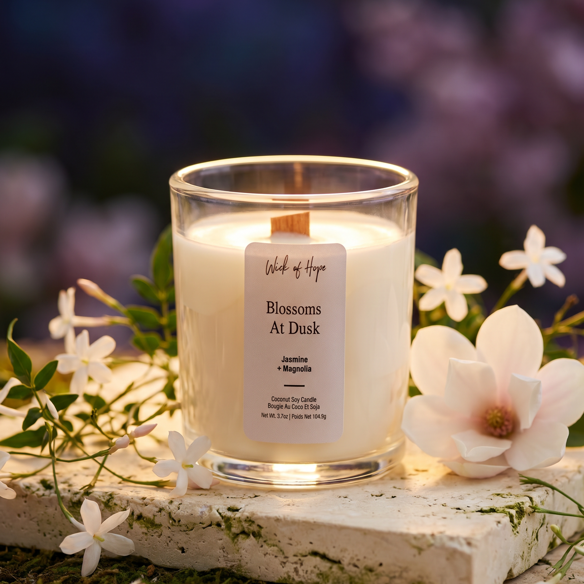 Blossoms at Dusk Mini candle, 3.7oz jasmine and magnolia coconut soy candle in clear glass