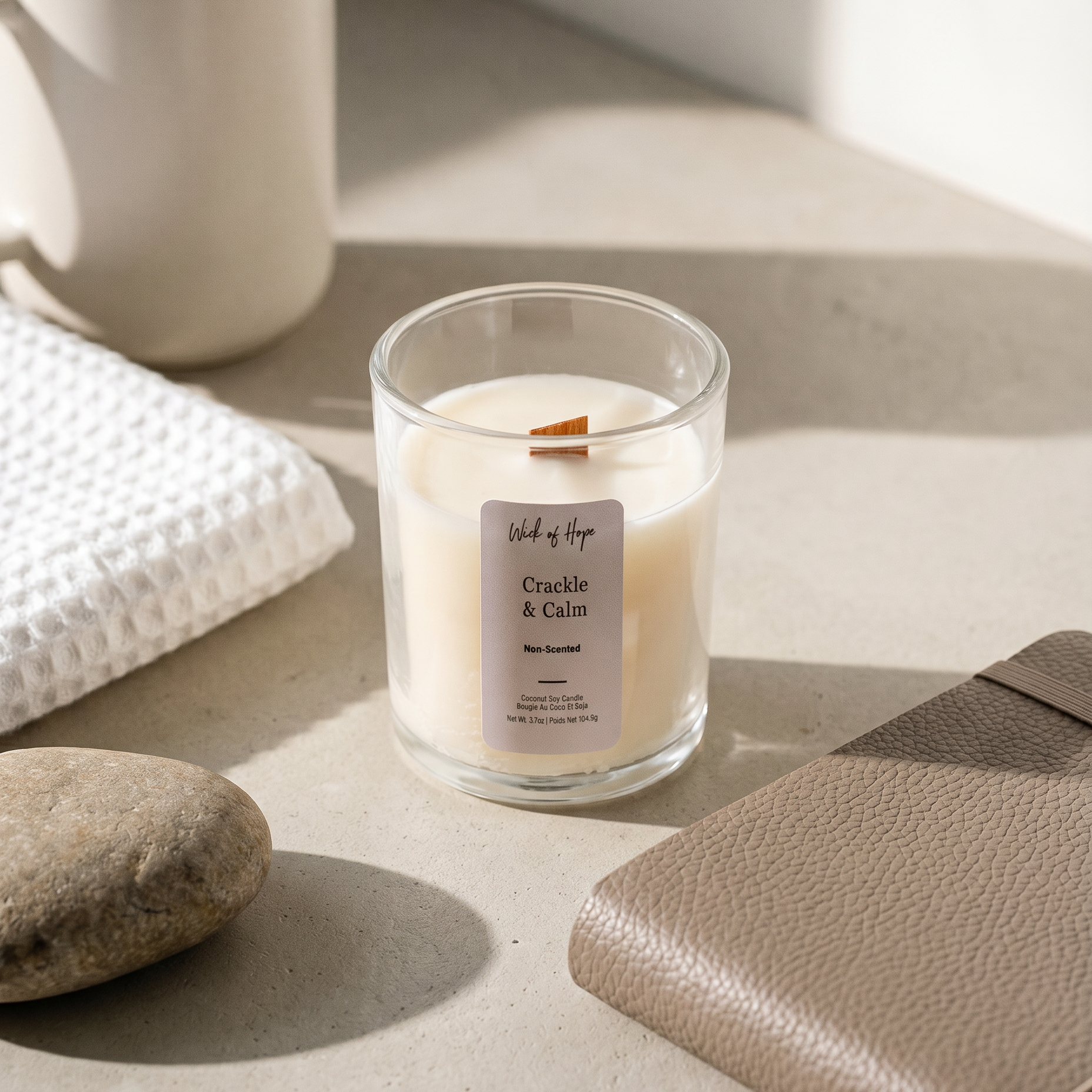 Crackle and Calm Mini candle, 3.7oz unscented coconut soy candle in clear glass