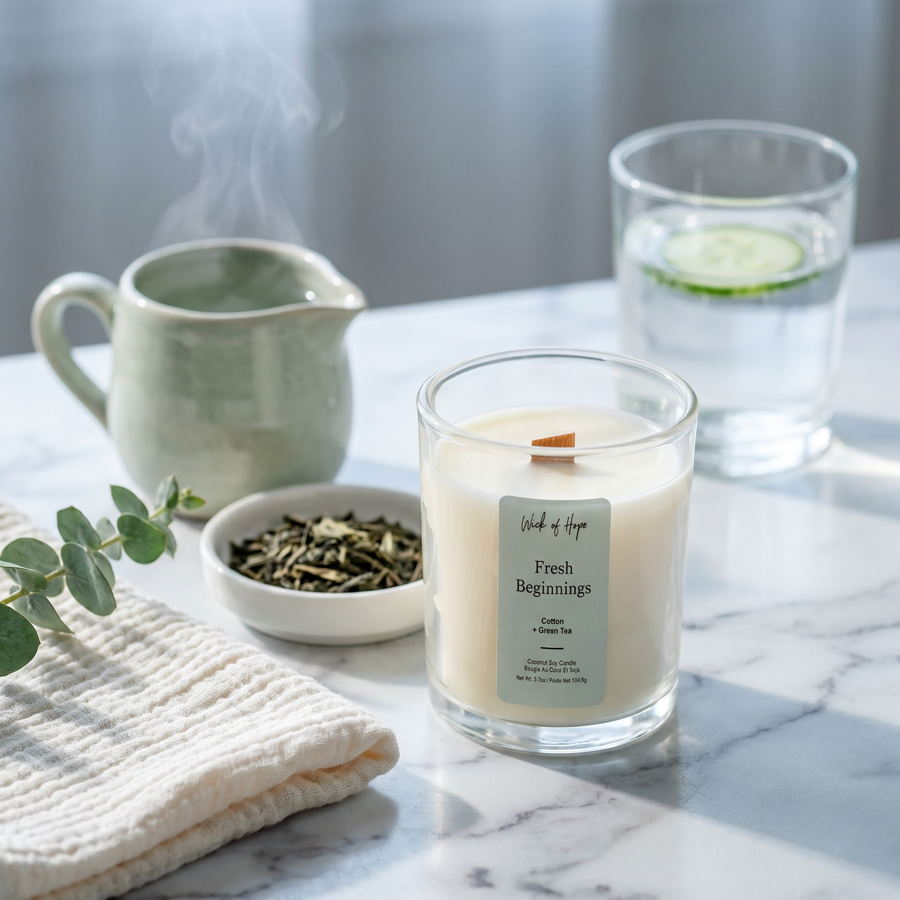 Fresh Beginnings Mini candle, 3.7oz cotton and green tea coconut soy candle in clear glass