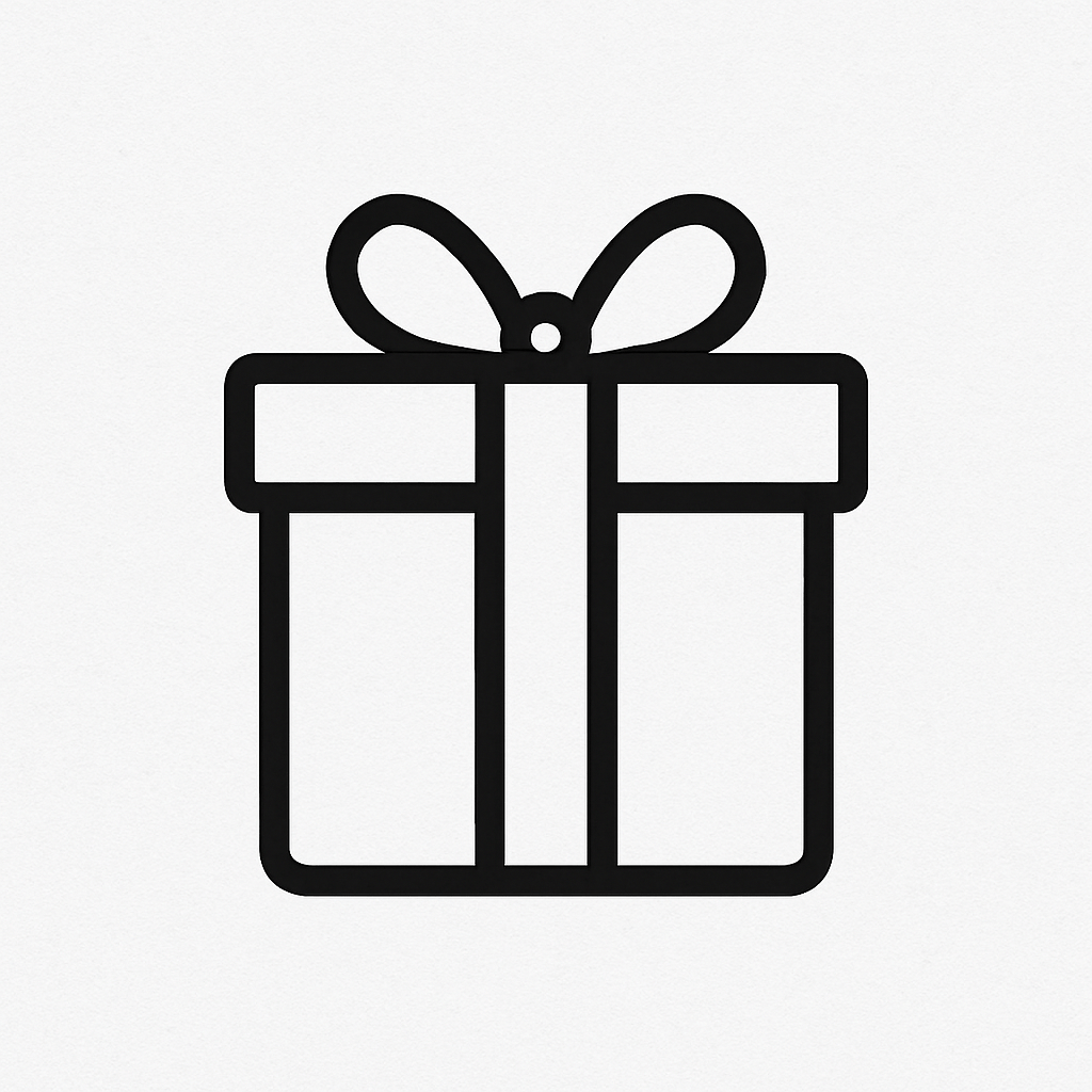 A minimalist black outline of a gift box with a bow, centered on white, represents Wick of Hopes Gift Wrapping.