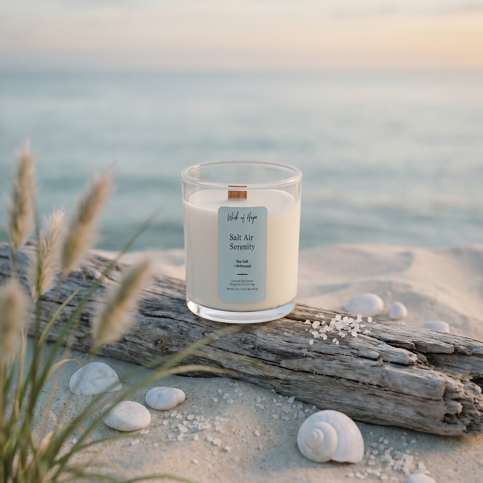 Salt Air Serenity Mini candle, 3.7oz sea salt and driftwood coconut soy candle in clear glass
