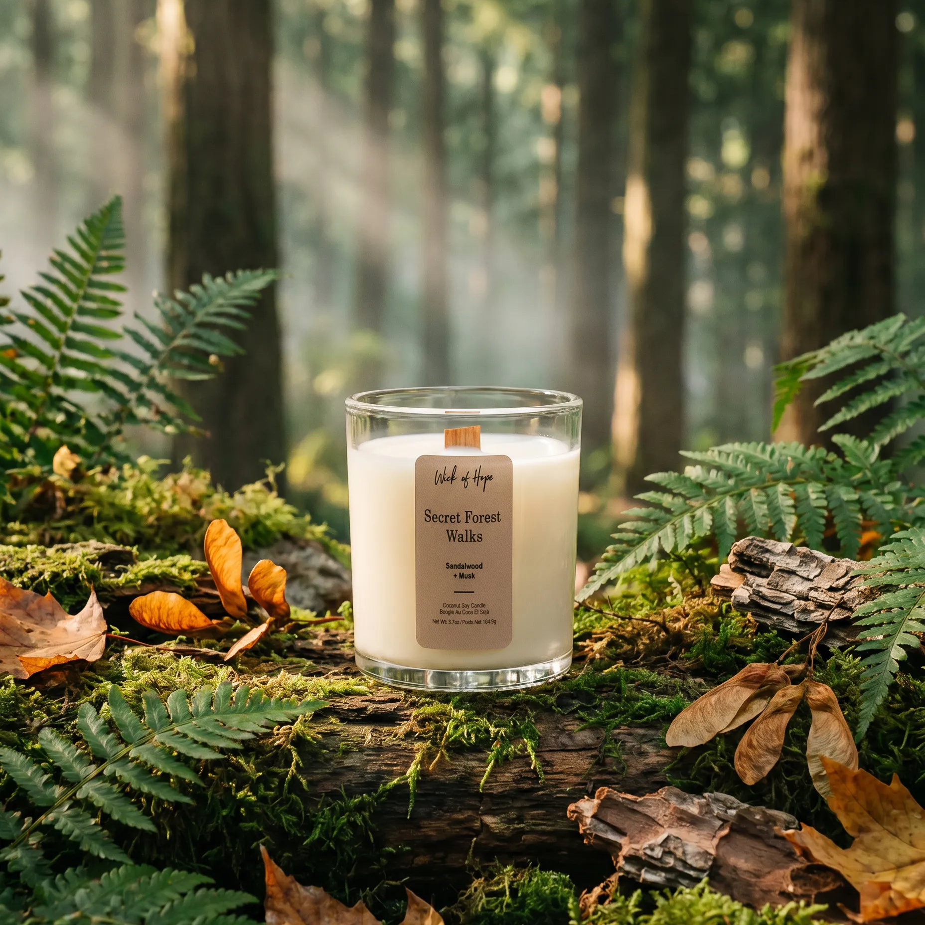 Secret Forest Walks Mini candle, 3.7oz sandalwood and musk coconut soy candle in clear glass